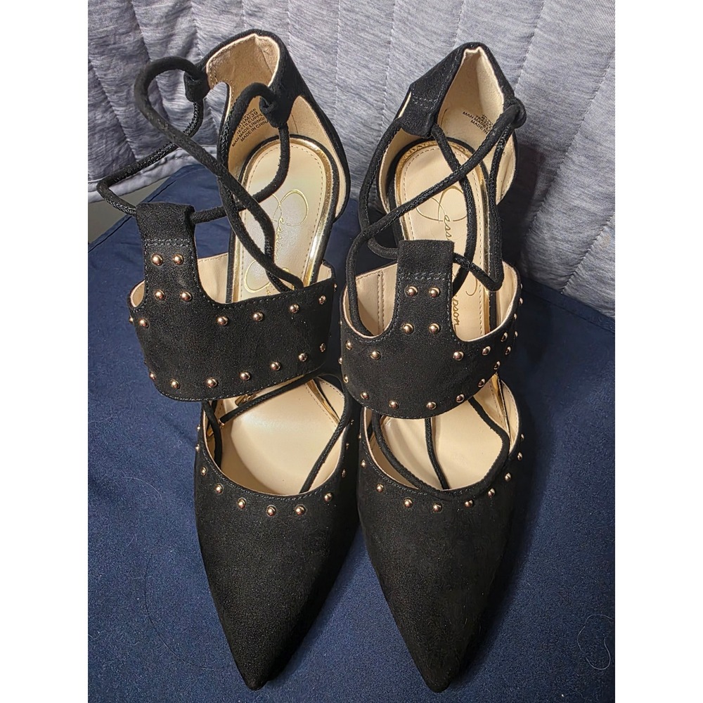 630 Jessica Simpson Wevire Black Studded Lace Up Pointed Toe Pumps Heels 8.5M